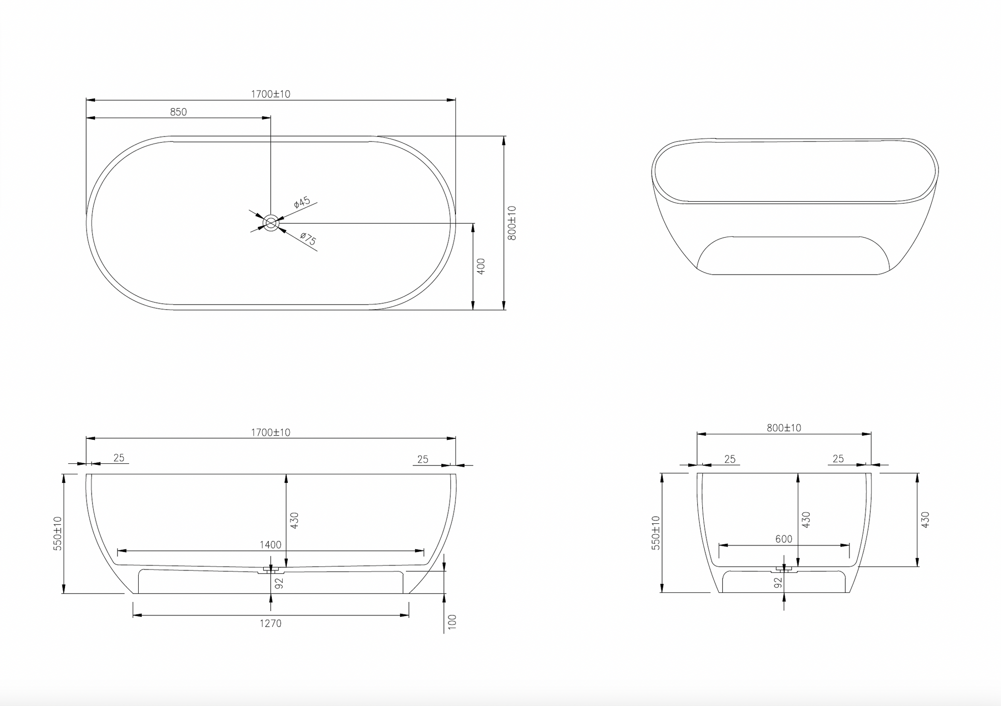 Justina Classic Stone Bath - Popular Design - 1700mm - ST12 1700