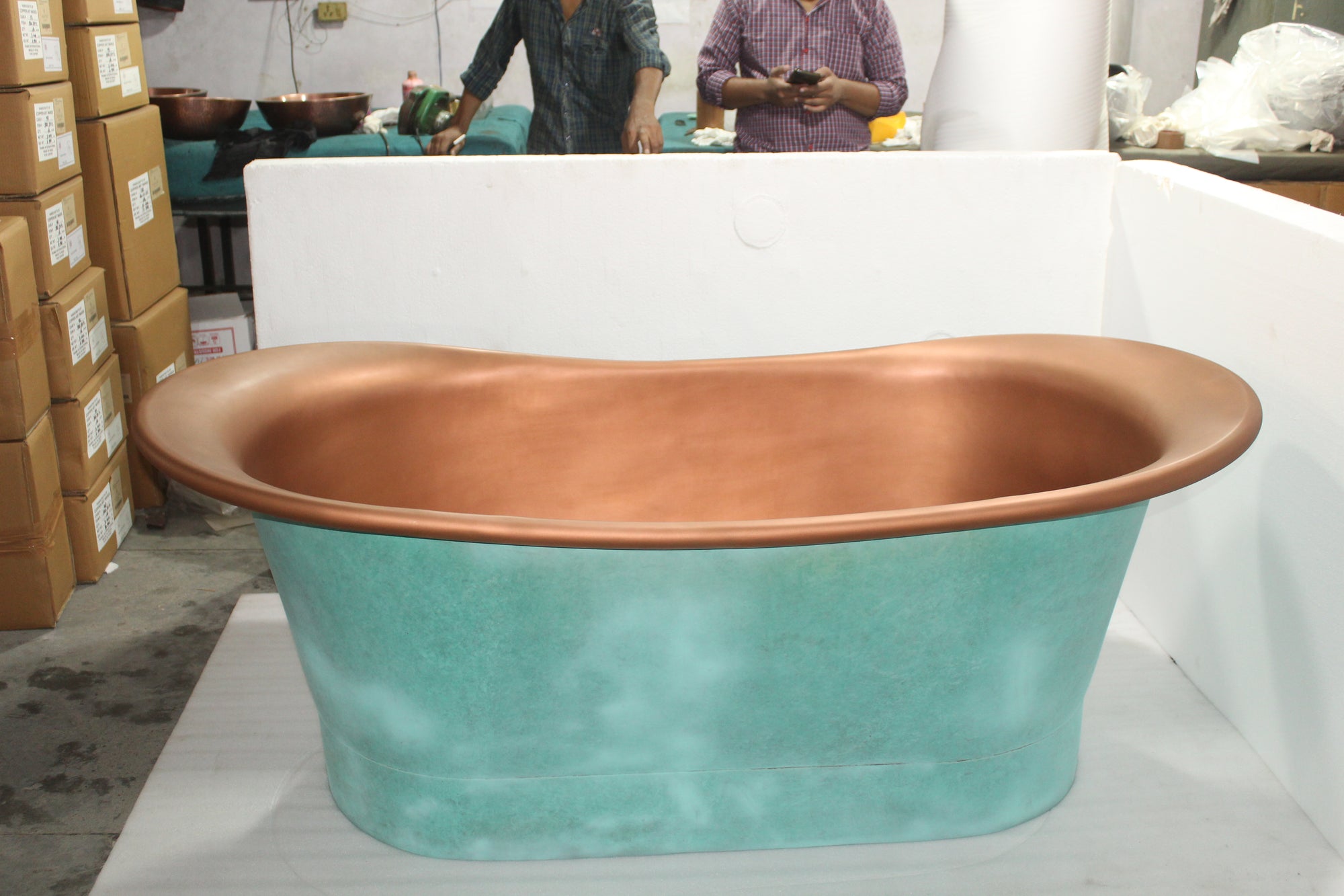 The Copper Bath Tub. Light Green Patina Copper Bath. Stonebaths.