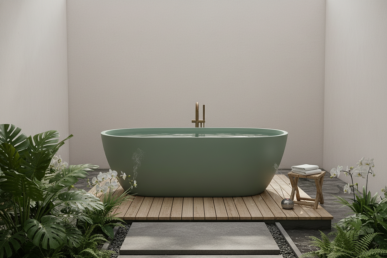 Outdoor bathtub in a lush garden setting with stone wall and wooden deck