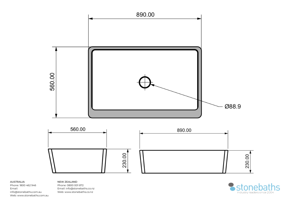 Copper Patina Basin Rectangle Spec Sheet 890mm