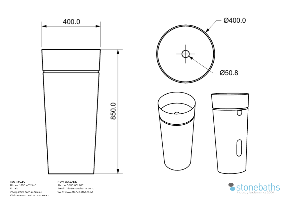 Spec Sheet for Copper Pedestal Basin 850mm