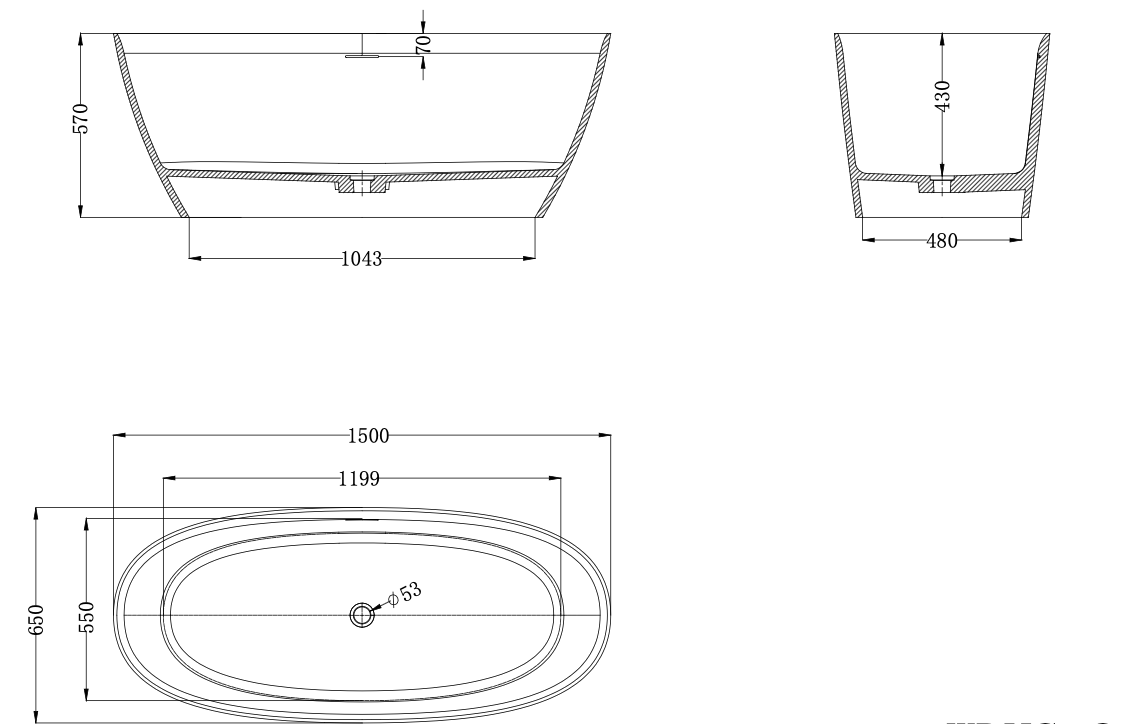 Technical drawing of a bathtub with dimensions. Ovola Baths