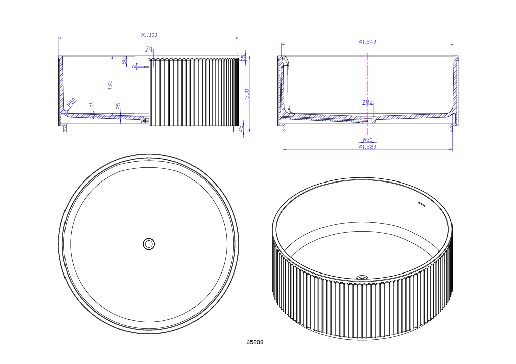 Gia Large Round Fluted Tub - 1300mm - G65208