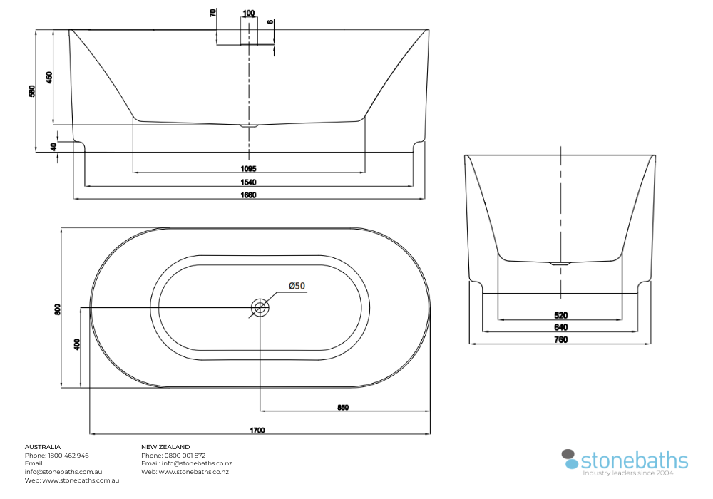 Kaha Acrylic Bathtub - 1700mm 