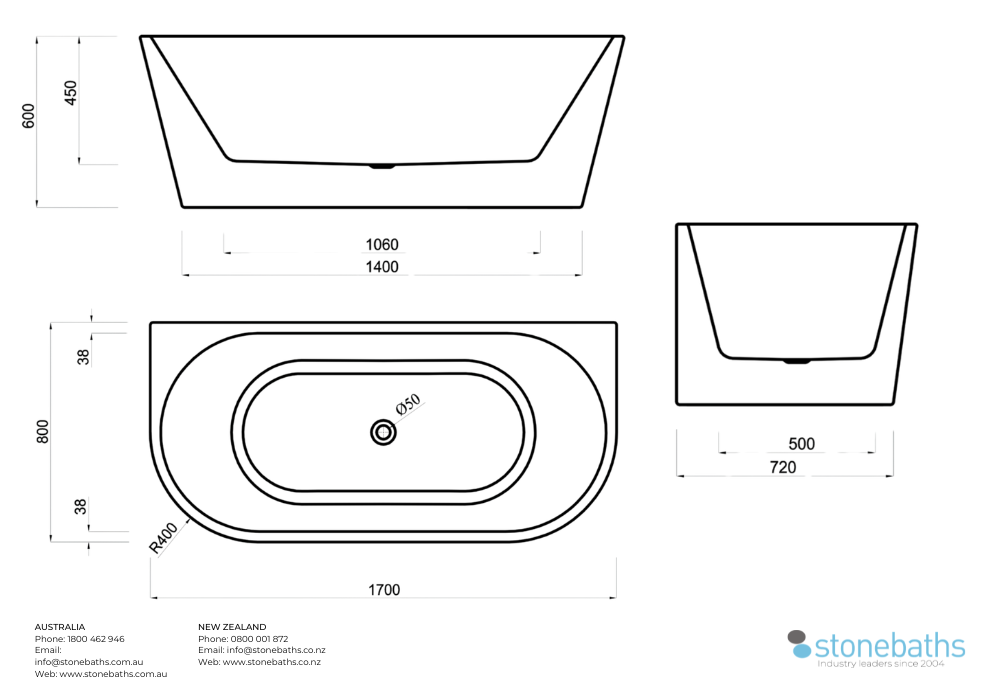 Kaha Acrylic Bathtubs - 1700mm