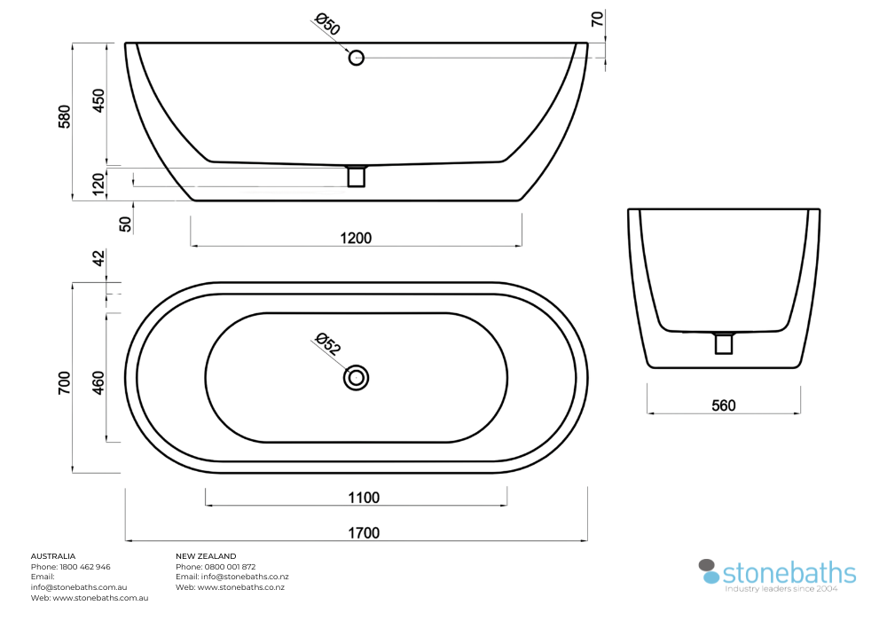 Kaha Acrylic Bathtub - 1700mm 