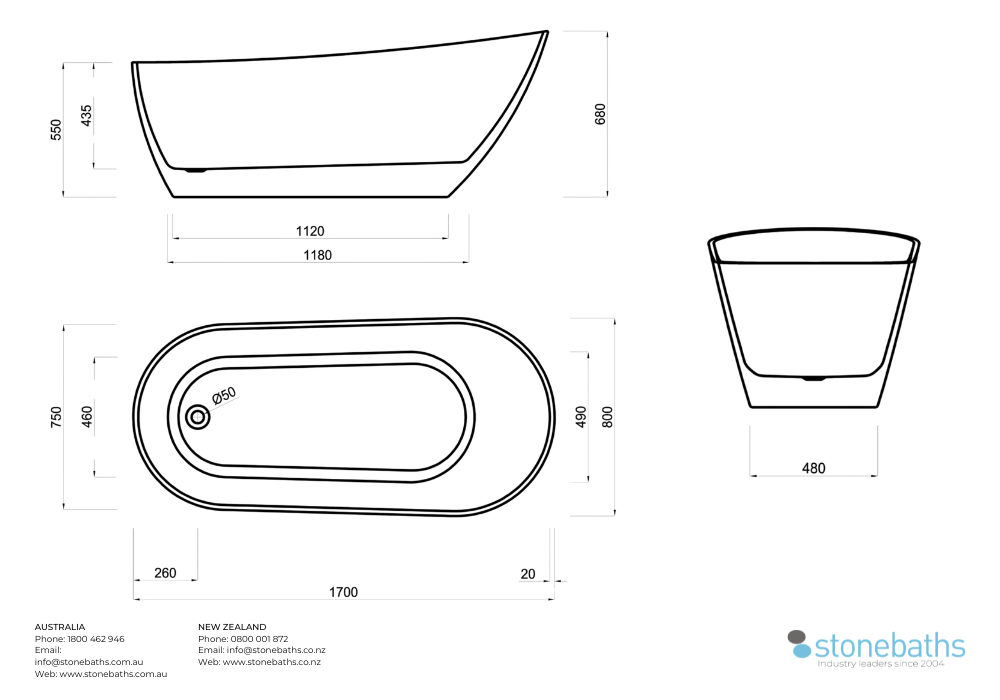 Kaha Acrylic Bathtub - 1700mm 