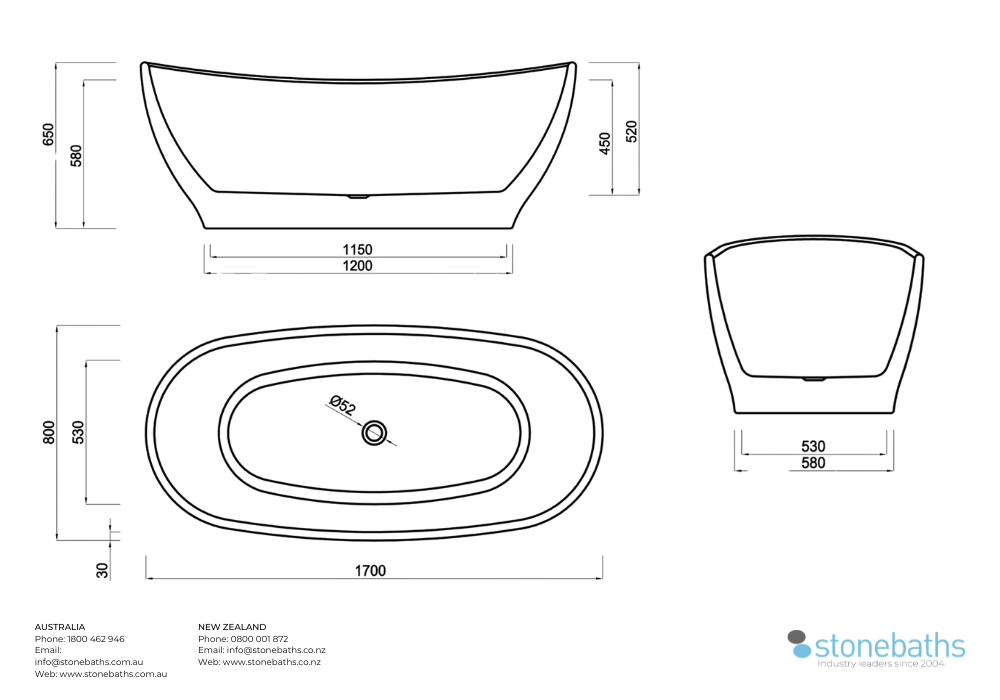 Kaha Acrylic Bathtub - 1700mm 