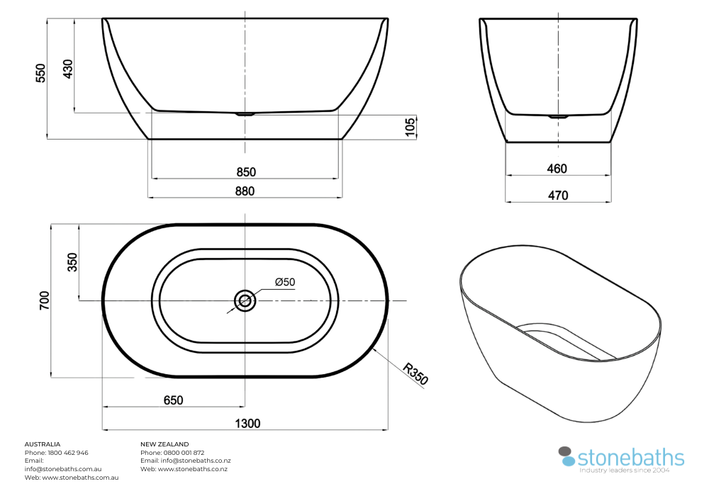 Kaha Acrylic Bathtub - 1300mm