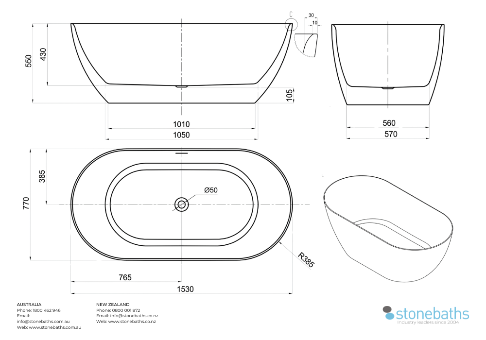 Kaha Acrylic Bathtub - 1530mm