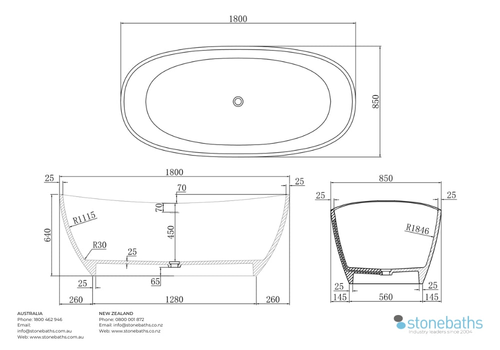Kaha Stonebaths Bathtub - 1800mm