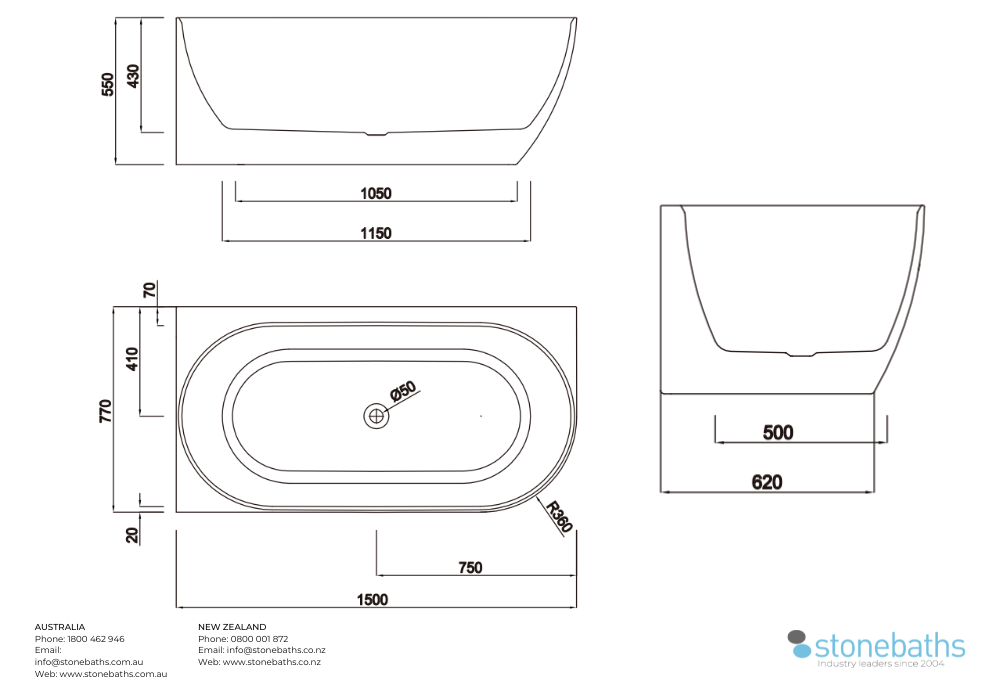 Kaha Acrylic Bathtub - 1500mm