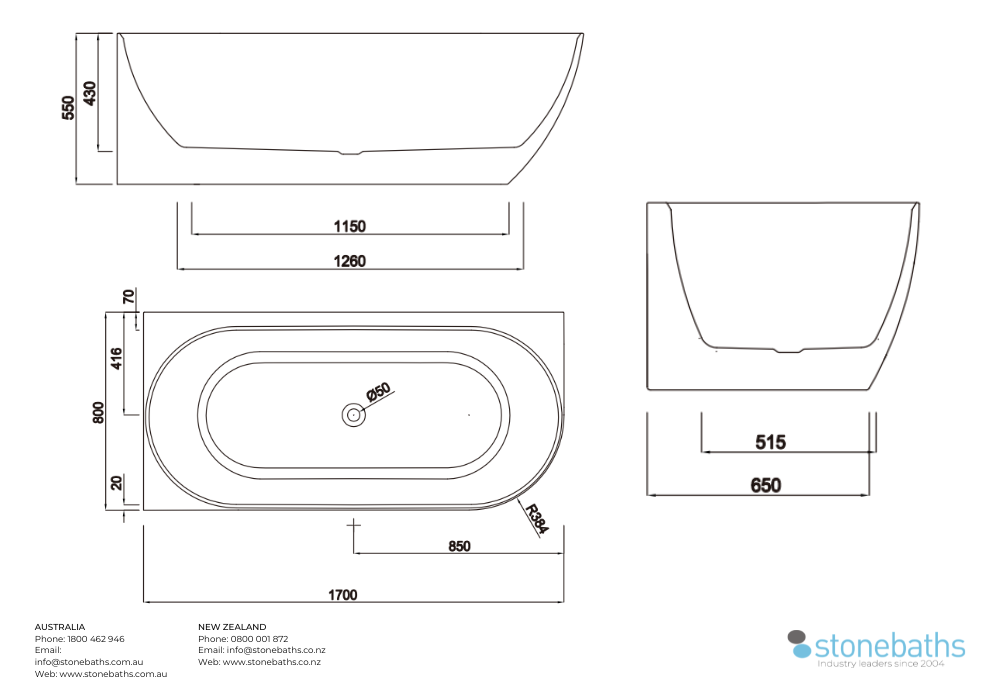 Kaha Acrylic Bathtub - 1700mm