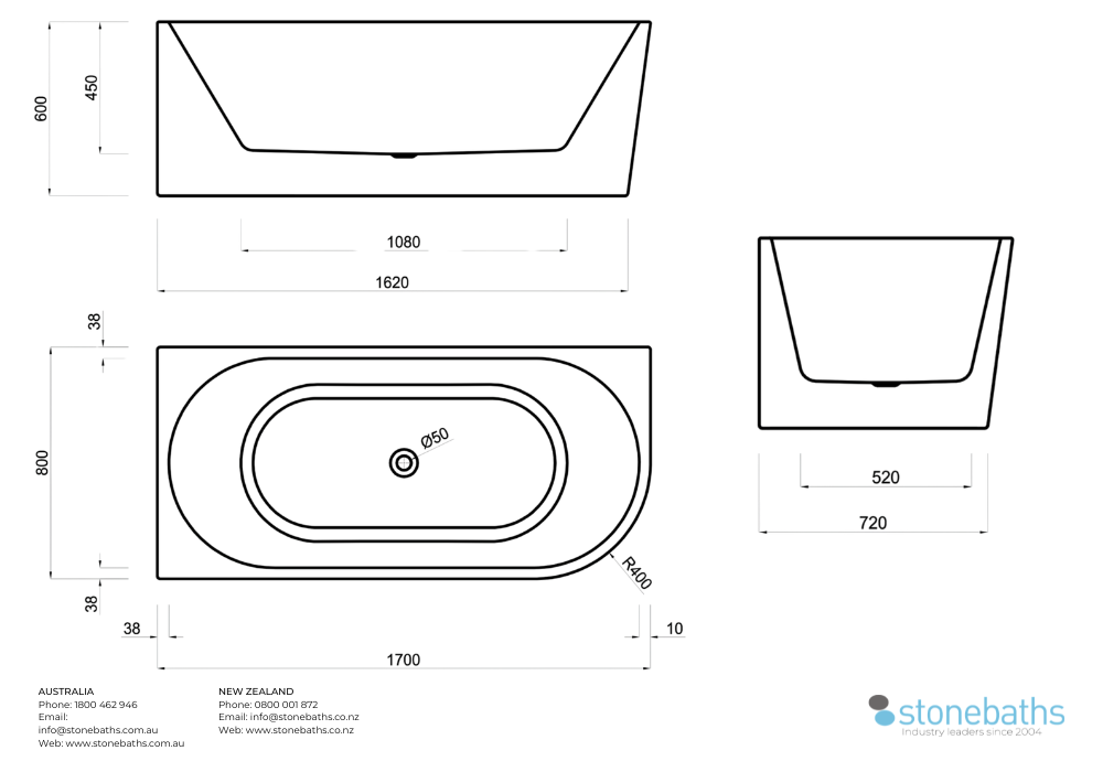Kaha Acrylic Bathtub - 1700mm