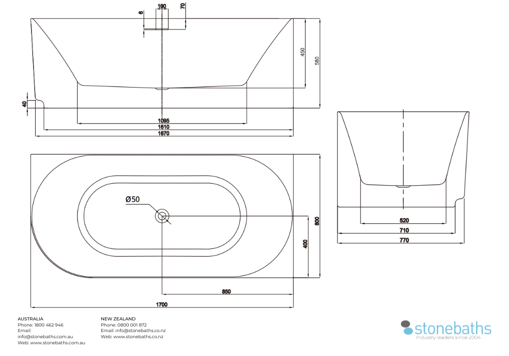 Kaha Acrylic Bathtub - 1700mm