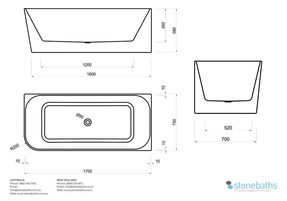 Kaha Acrylic Bathtub - 1700mm