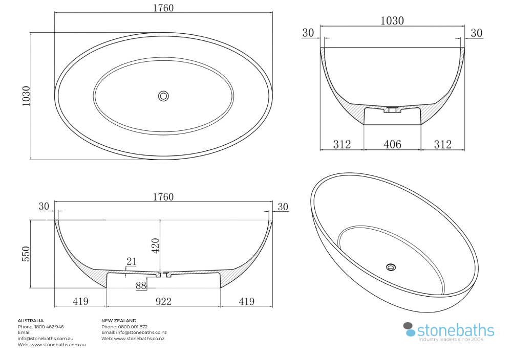 Kaha Stonebaths Bathtub - 1760mm