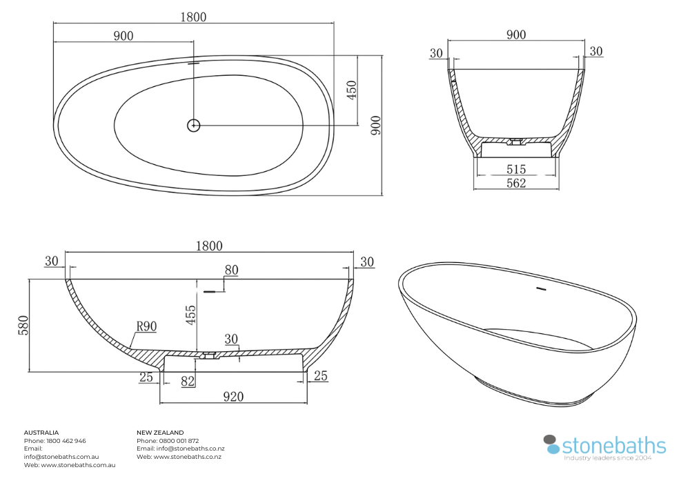 Kaha Stonebaths Bathtub - 1800mm