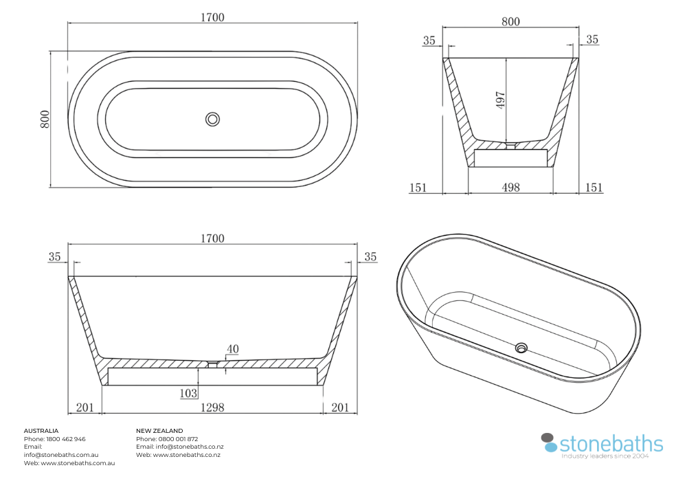 Kaha Stonebaths Bathtub - 1700mm 