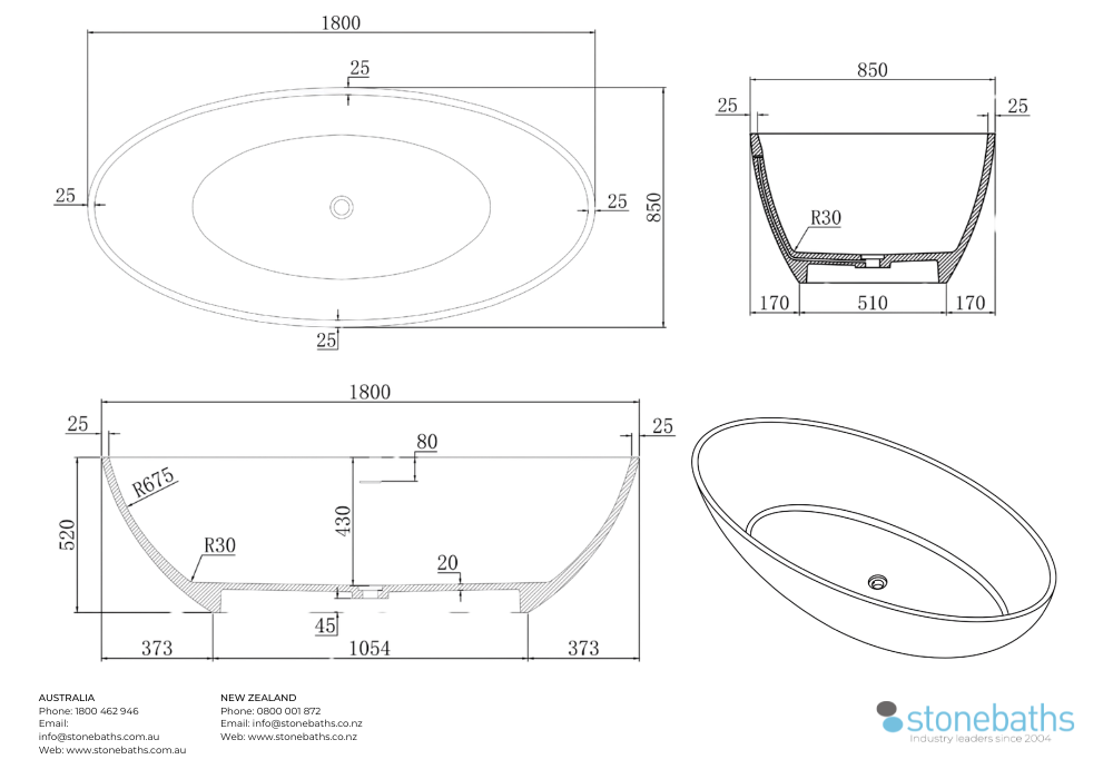 Kaha Stonebaths Bathtub - 1800mm
