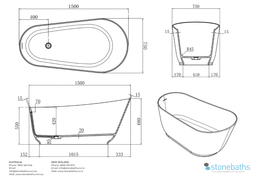 Kaha Stonebaths Bathtub - 1500mm