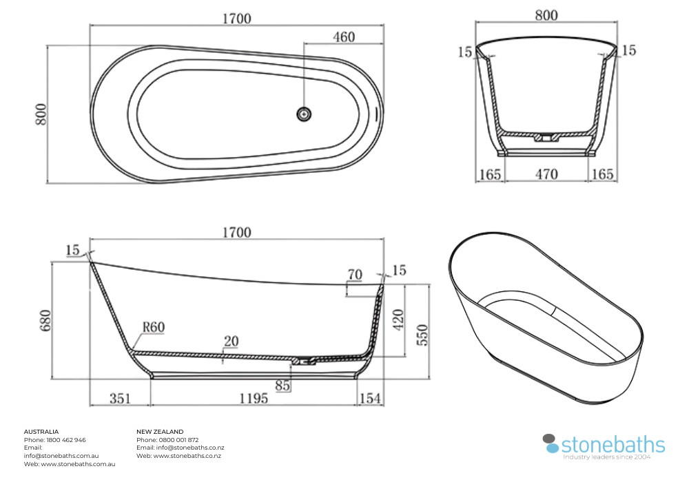 Kaha Stonebaths Bathtub - 1700mm 
