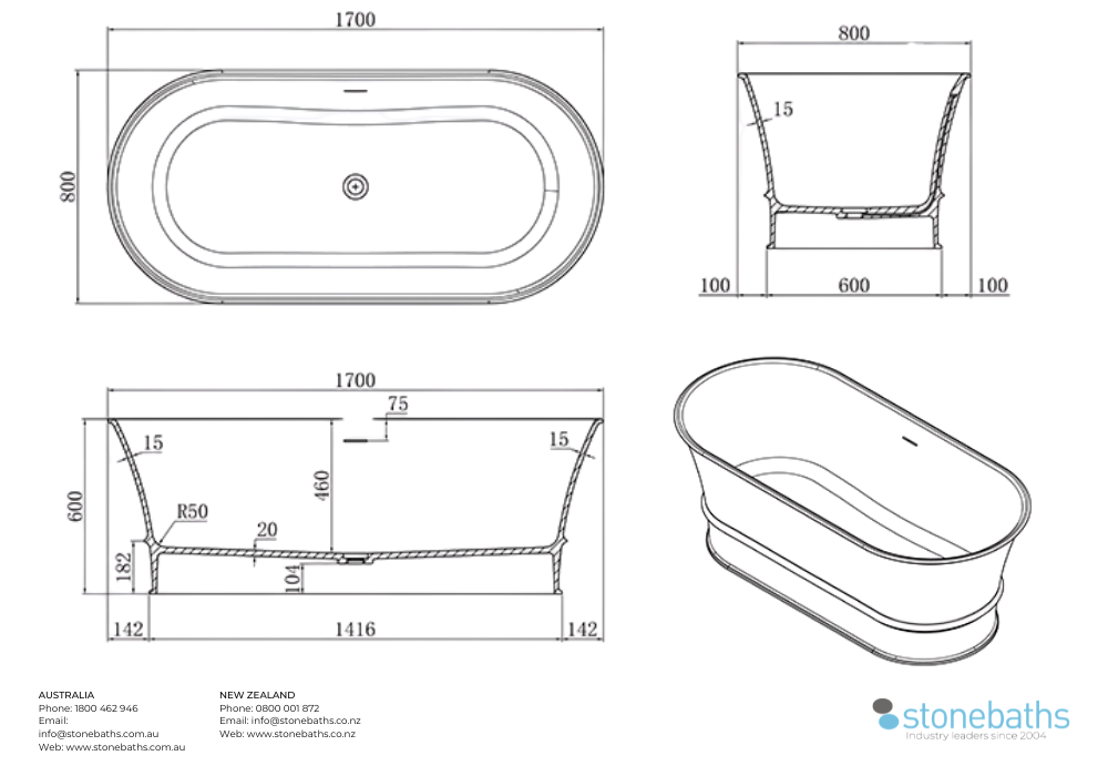 Kaha Stonebaths Bathtub - 1700mm