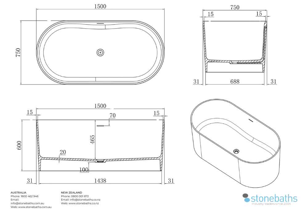 Kaha Stonebaths Bathtub - 1500mm