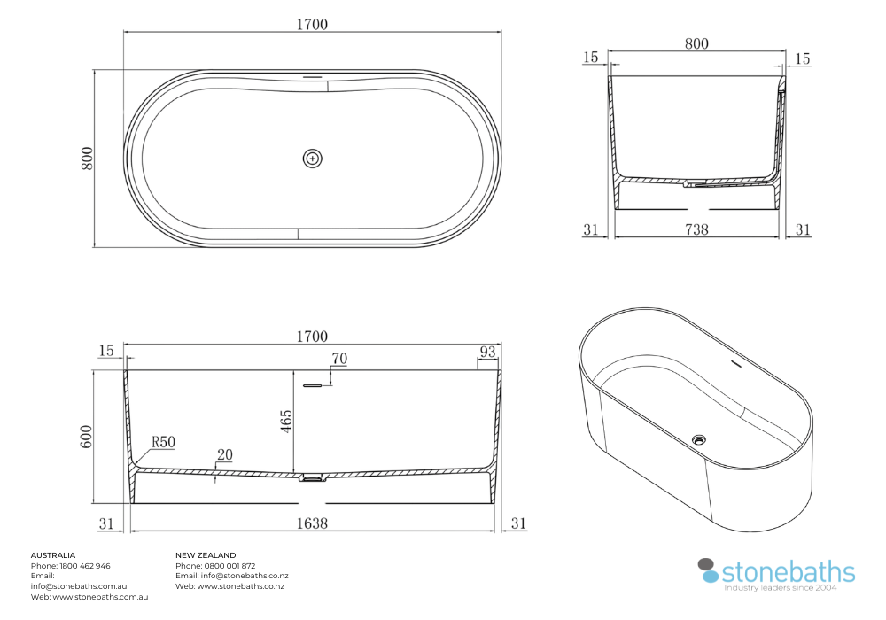 Kaha Stonebaths Bathtub - 1700mm