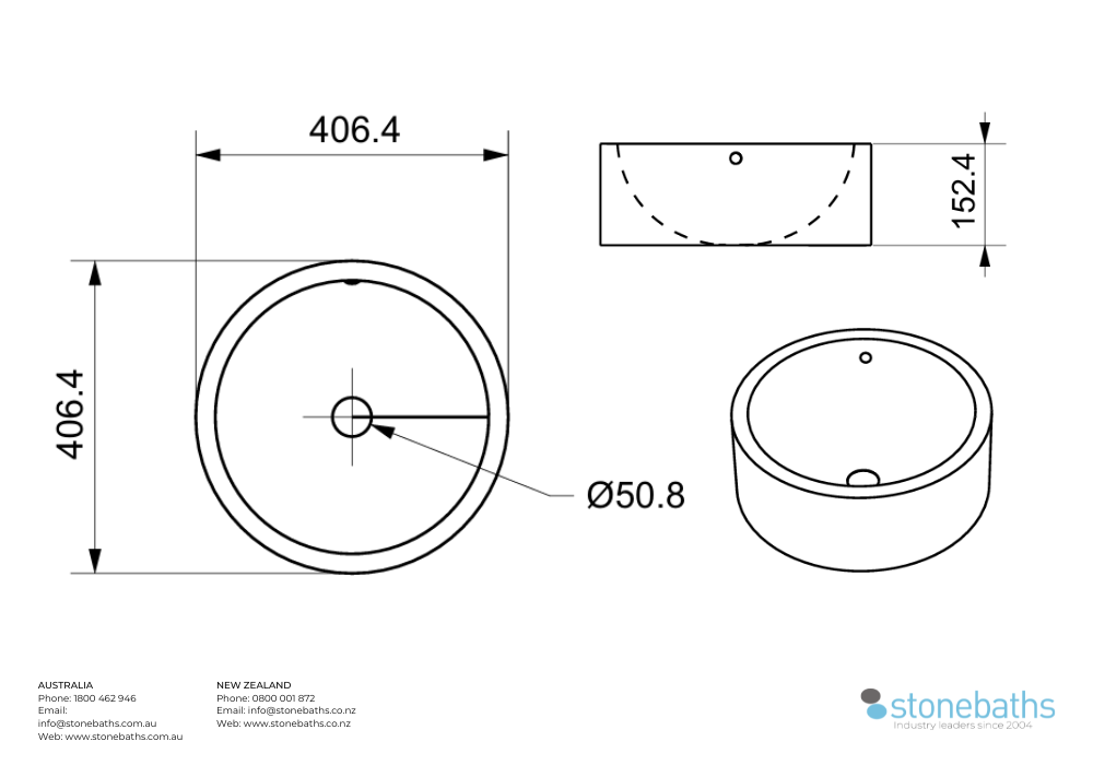Over-Counter Copper Basin Round 406mm Spec Sheet