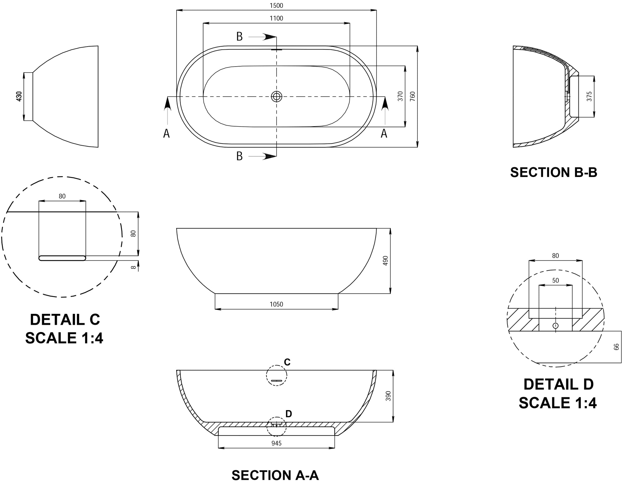 Justina Family Low Side Oval Stone Bath - Popular Design - 1500mm - ST12 1500OS