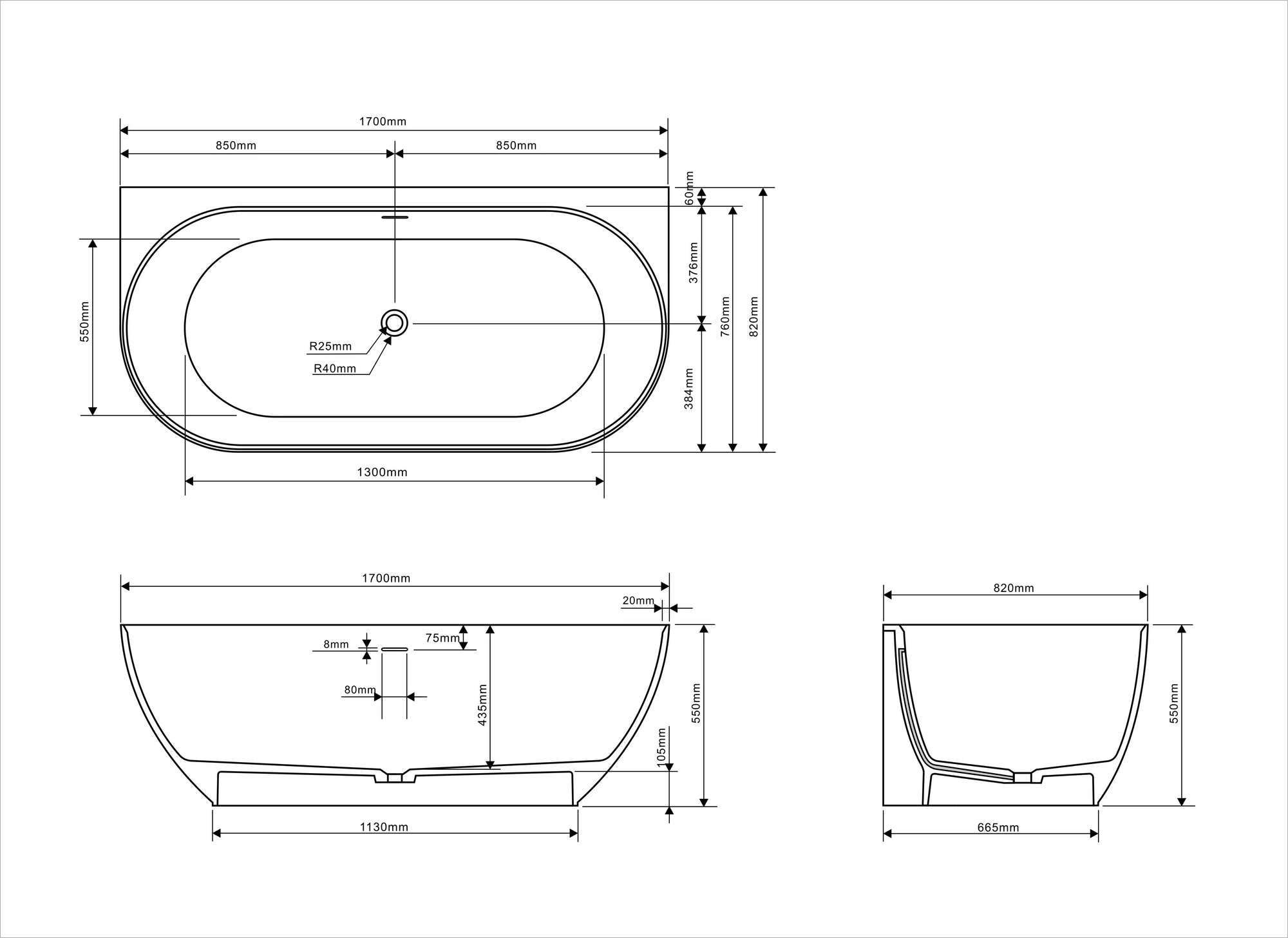 Justina Back-to-Wall Oval Bath 1700mm - ST12 1700 BW