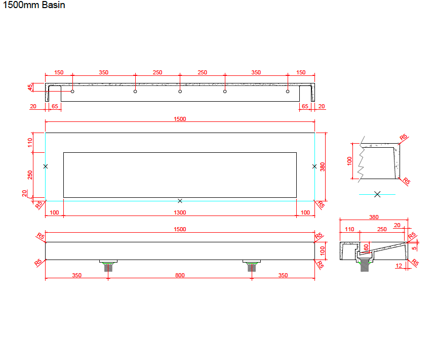 The Ramp Junior 100 Basin 1500mm Wall Hung Stone Basin