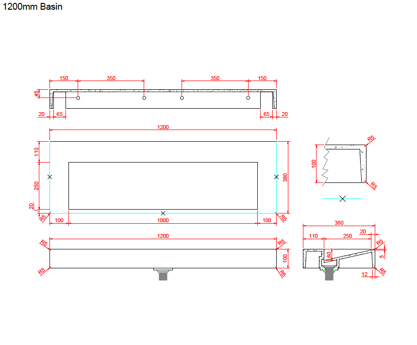 The Ramp Junior 100 Basin 1200mm Wall Hung Stone Basin