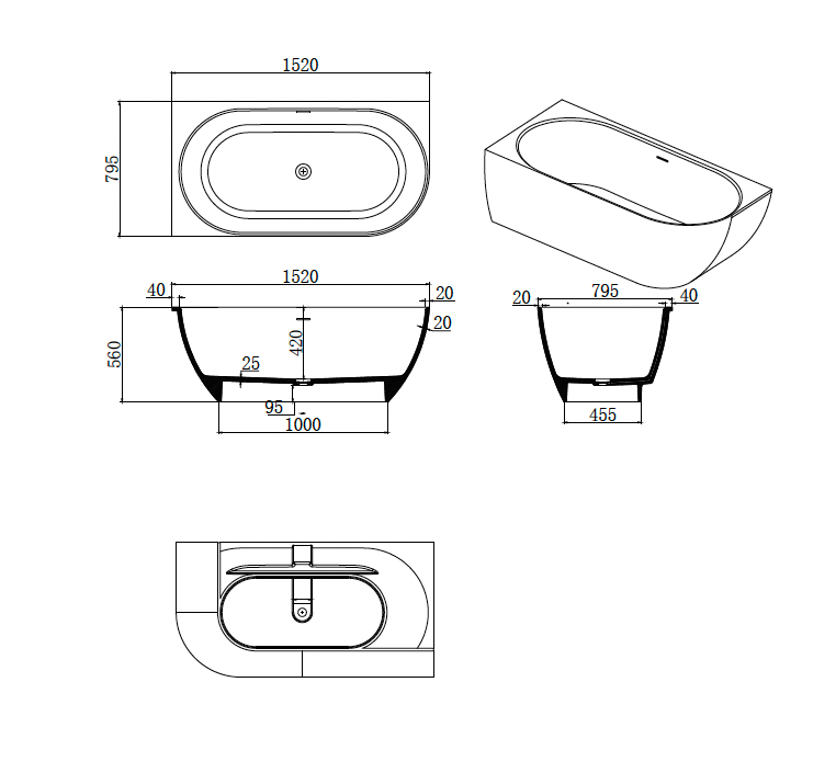 Justina Left Back-to-Wall Oval Bath 1520mm - ST12 1520 LBW