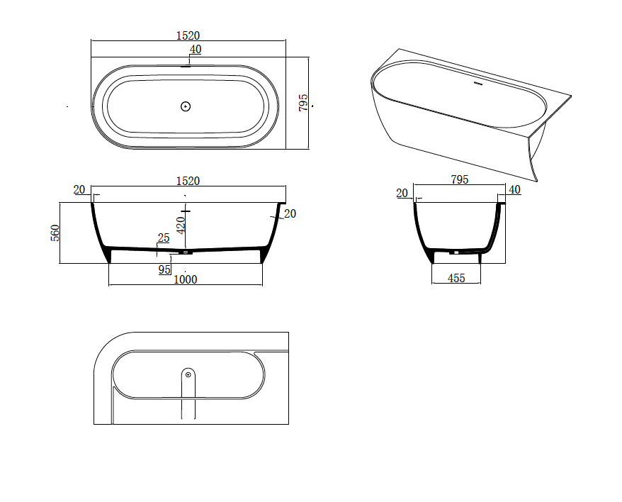 Justina Right Back-to-Wall Oval Bath 1520mm - ST12 1520 RBW