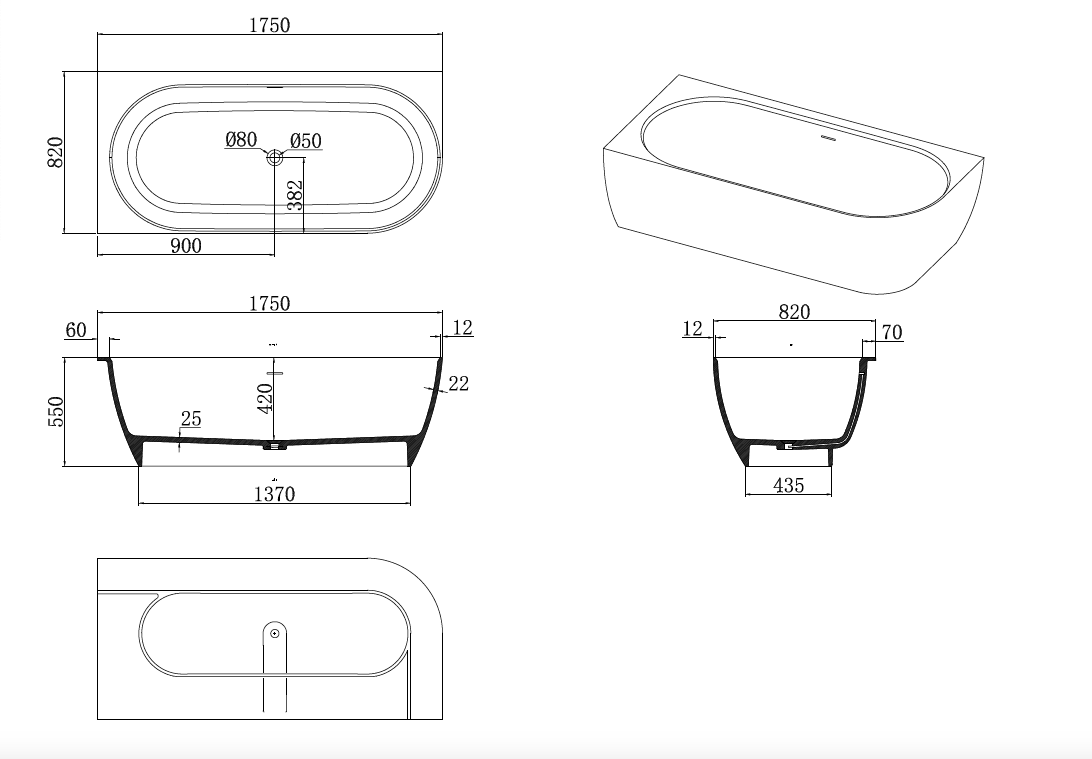 Justina Left Back-to-Wall Oval Bath 1750mm - ST12 1750 LBW