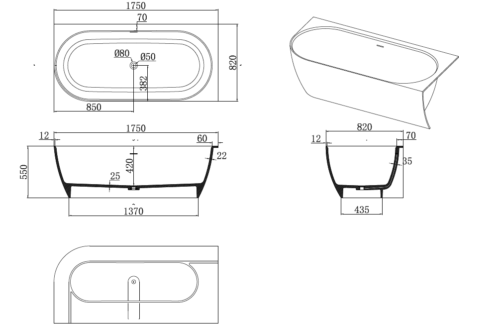 Justina Right Back-to-Wall Oval Bath 1750mm - ST12 1750 RBW