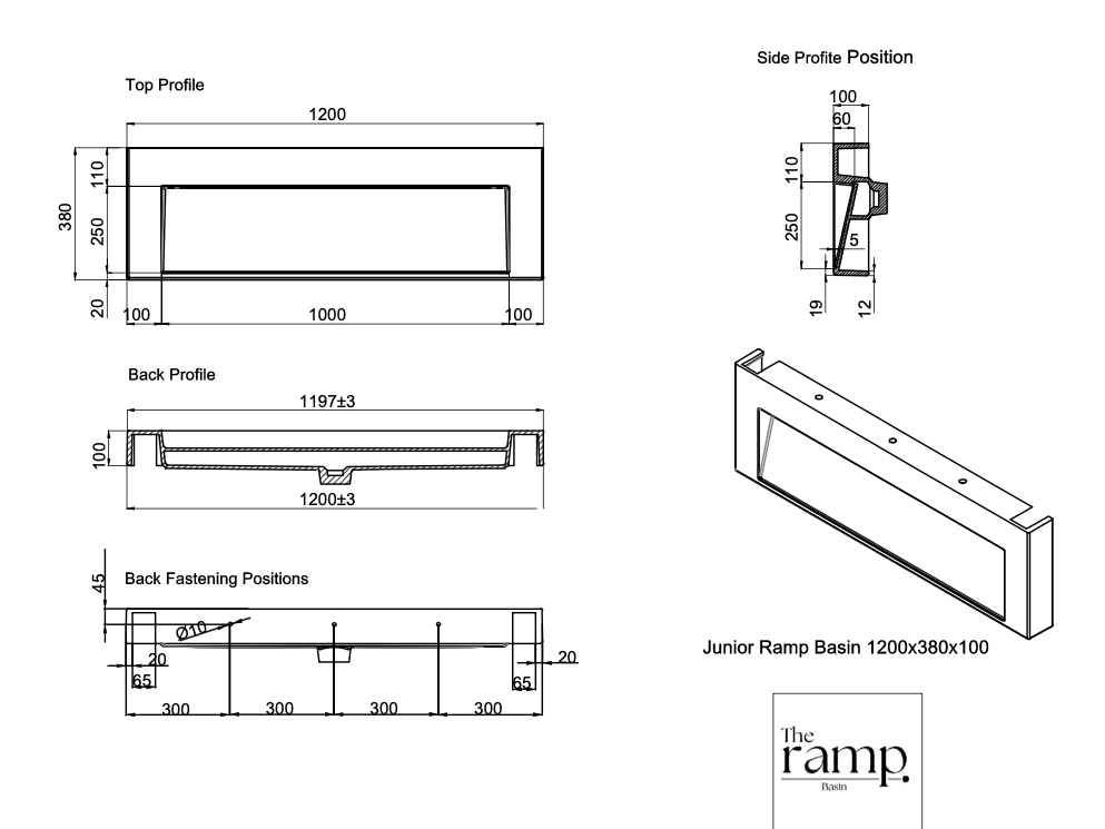 The Ramp Junior 100 Basin 1200mm Wall Hung Stone Basin