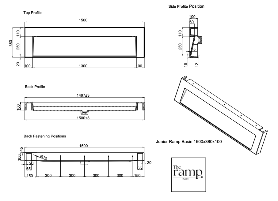 The Ramp Junior 100 Basin 1500mm Wall Hung Stone Basin