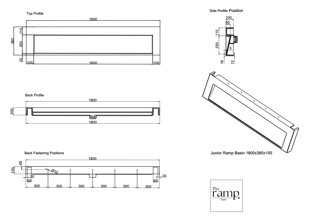 The Ramp Junior 100 Basin 1800mm Wall Hung Stone Basin
