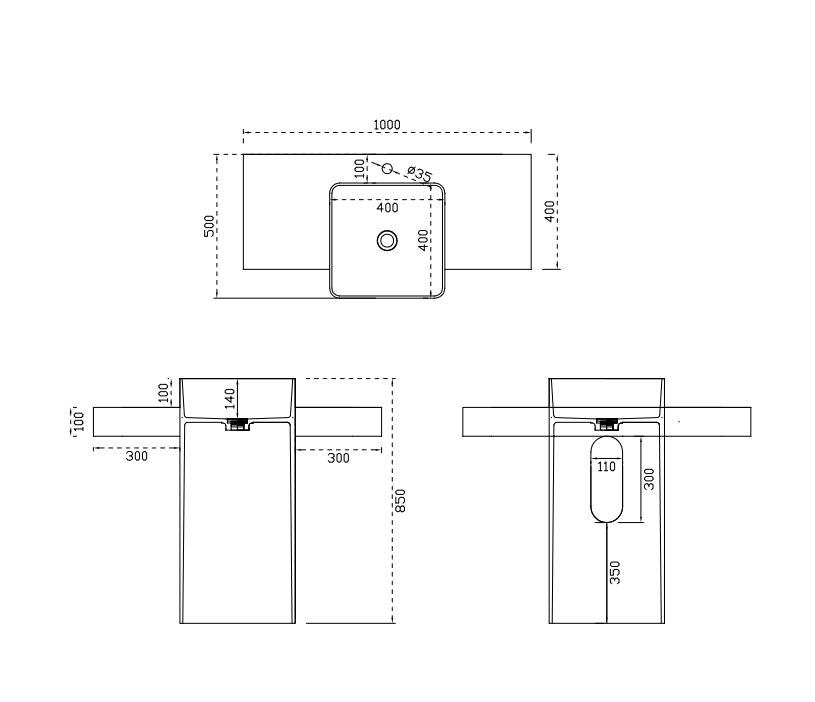 Integrated Benchtop & Square Pedestal Basin 1000mm - CSB97