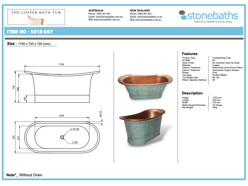 The Copper Bath Tub -Light Green Patina Copper, Double Hammered Slipper  1700mm - 5007-D67