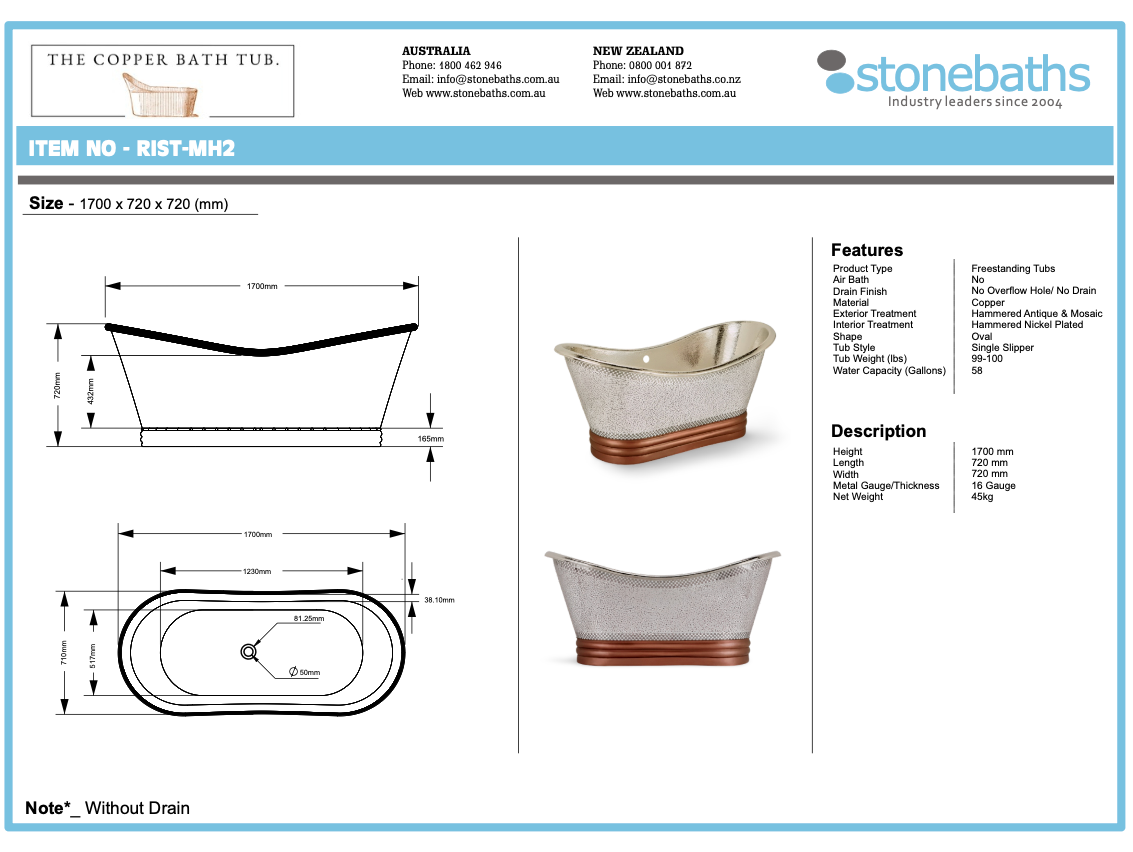 The Copper Bath Tub - Copper, White and Silver  Double Slipper Smooth 1700mm - MH2-D67