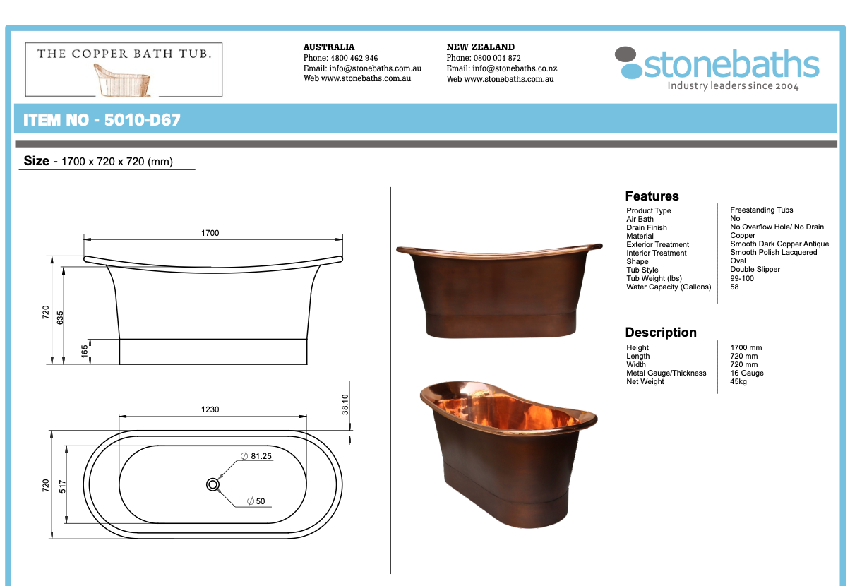 The Copper Bath Tub -Old and Polished Copper, Double Hammered Slipper  1700mm - 5010-D67