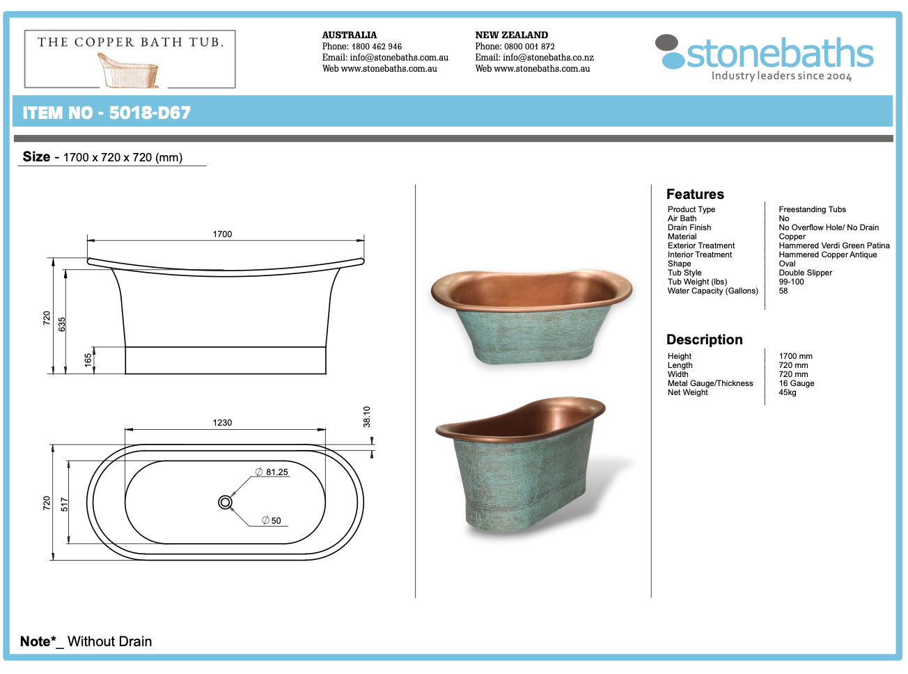 The Copper Bath Tub -Hammered Patina Copper, Double Hammered Slipper  1700mm - 5018-D67