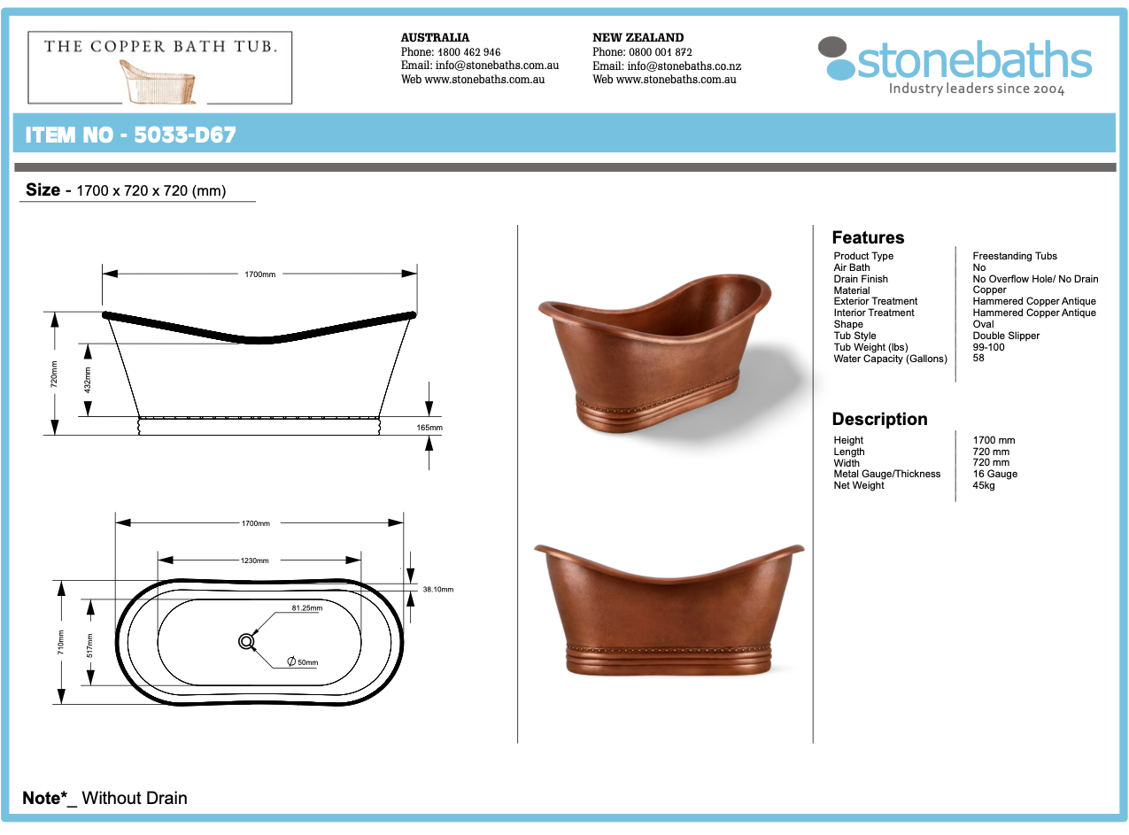 The Copper Bath Tub - Old Hammered Copper, Double Slipper 1700mm 5033-D67
