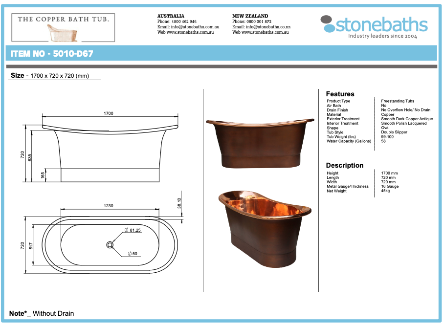 The Copper Bath Tub - Dark Polished Copper, Double Hammered Slipper  1700mm - 5010-D67