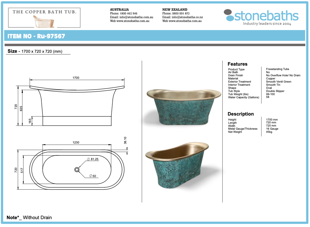 The Copper Bath Tub - Hammered Verdigris Copper Double Slipper  1700mm - 97567-D67