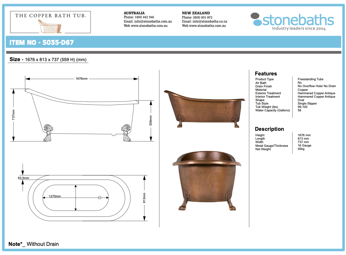 The Copper Bath Tub -Antique Copper, Hammered Slipper  1700mm - 5035-D67